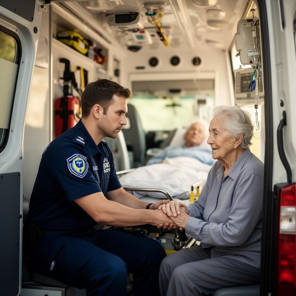 Paramedic holding a patient's hand inside an ambulance